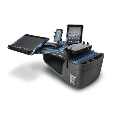 Autoexec Reach Desk Front Seat Blue Steel Flames with Printer Stand, X-Grip Phone Mount and Tablet Mount