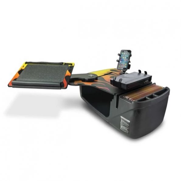Reach Desk Front Seat Hot Rod Orange Flames w/ Power Inverter, Printer Stand & Phone Mount