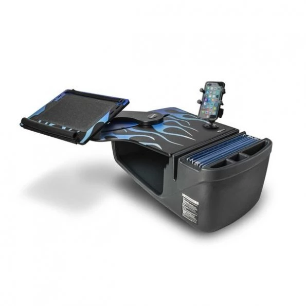 Autoexec Reach Desk Front Seat with X-Grip Phone Mount Blue Steel Flames 1 Reach Desk Front Seat with X-Grip Phone Mount Blue Steel Flames