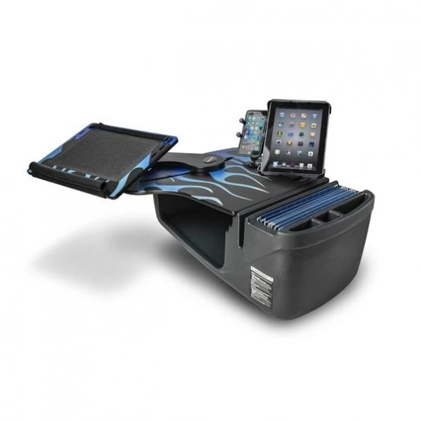 Reach Desk Front Seat Blue Steel Flames with Built-in Power Inverter, Phone Mount & Tablet Mount