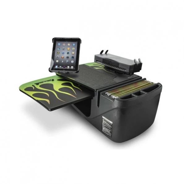 GripMaster Car Desk Candy Apple Green Flames with Power Inverter, Tablet Mount & Printer Stand