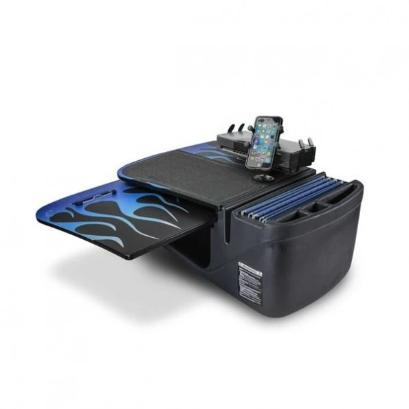 GripMaster Car Desk Blue Steel Flames with Built-in Power Inverter, Phone Mount & Printer Stand