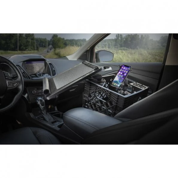 Milk Crate with Laptop Tray, Power Inverter and Phone Mount