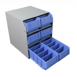 6 STACKED SMALL PARTS BINS IN STEEL SHELF CABINET
