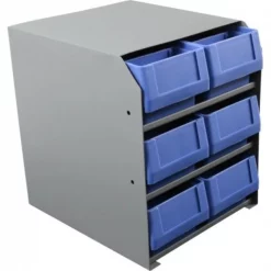 6 STACKED SMALL PARTS BINS IN STEEL SHELF CABINET