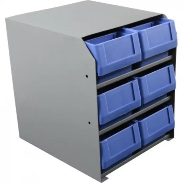 6 STACKED SMALL PARTS BINS IN STEEL SHELF CABINET