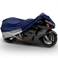 North East Harbor MC-BLU-S-L 90 in. Superior Travel Dust Motorcycle Sport Bike Covers; Blue with Silver Stripe