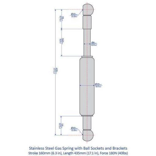 Marine Gas Spring Kit, 40 lb Force, M8