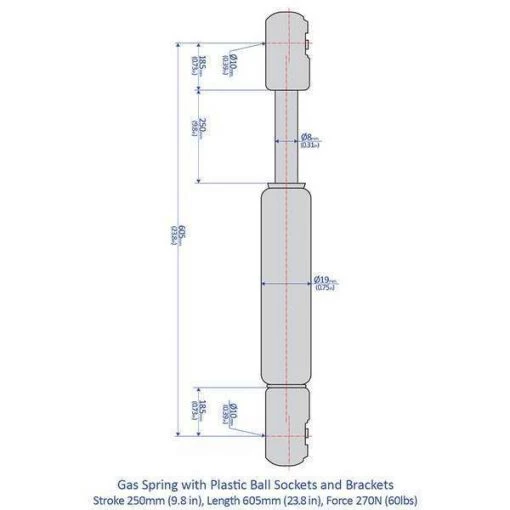 Marine Gas Spring Kit, 60 lb Force, M8